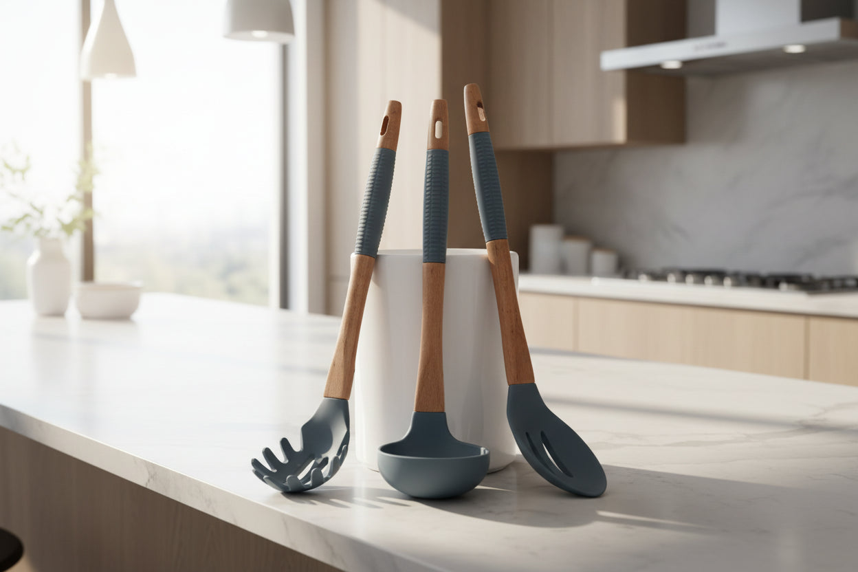 Pack 3 Utensilios Gris/Cucharón/Cuchara Pasta/Cuchara Agujereada