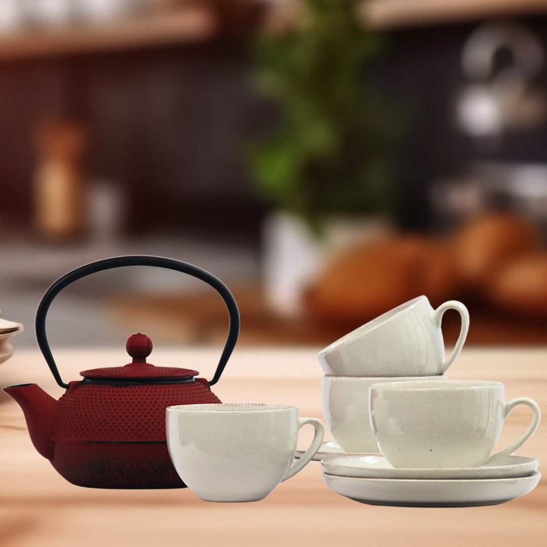 Pack 4 Tazas Positano Crema/Tetera Hierro Rojo