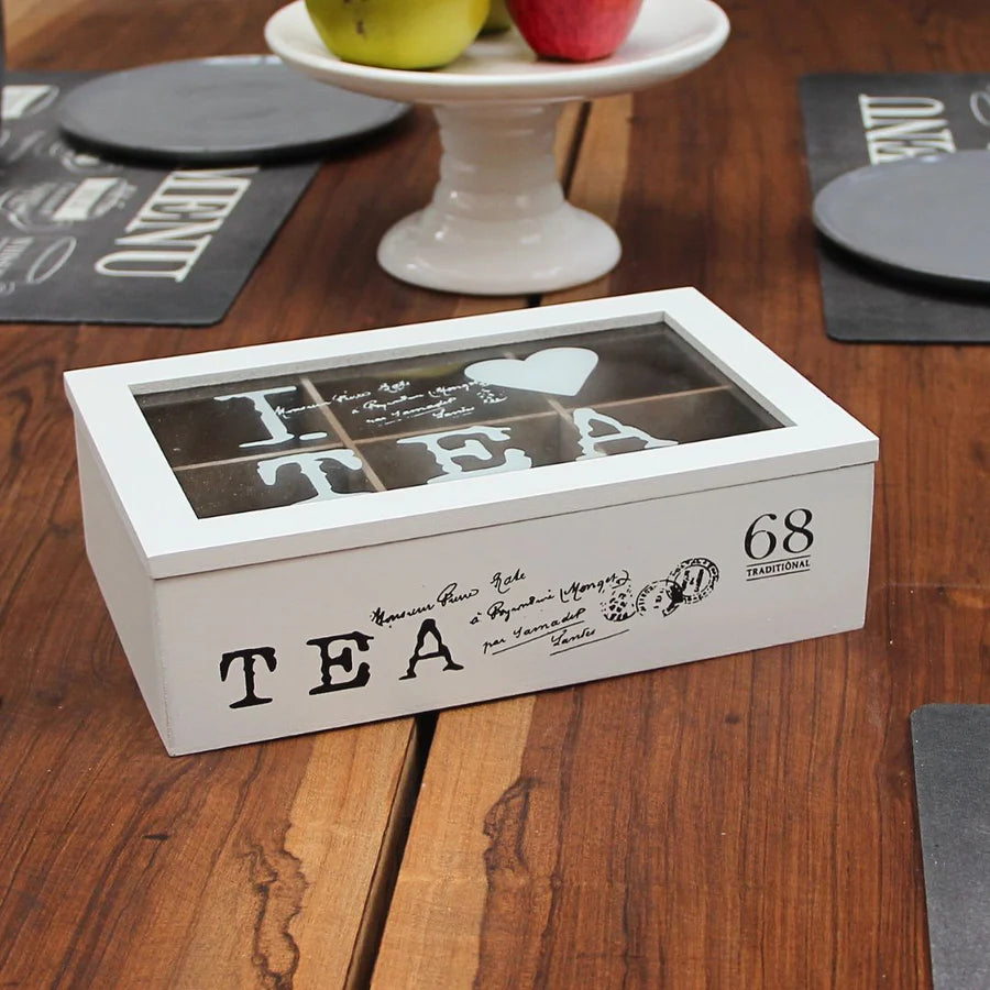 Pack 4 Tazas de té Positano Gris/Caja de té Vintage 24cmx15,5cmx8cm