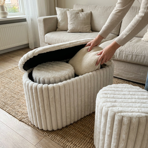 Banqueta & Puffs Storage Velvet Crema (Set x3)