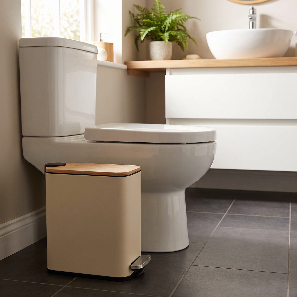 Tacho Rectangular con Tapa de Bambú Cierre Soft 5L Beige