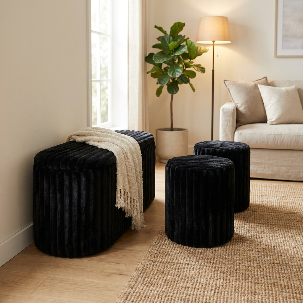 Banqueta & Puffs Storage Velvet Negro (Set x3)
