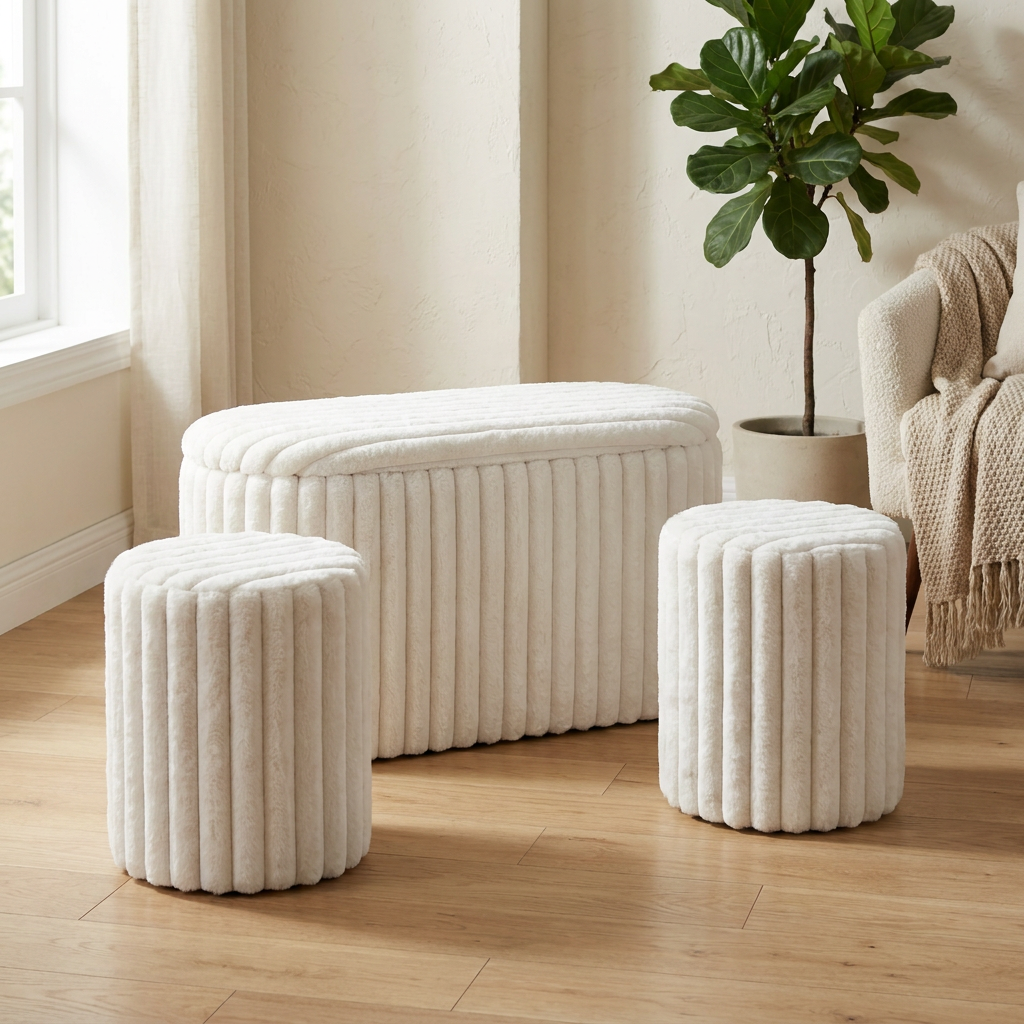 Banqueta & Puffs Storage Velvet Crema (Set x3)