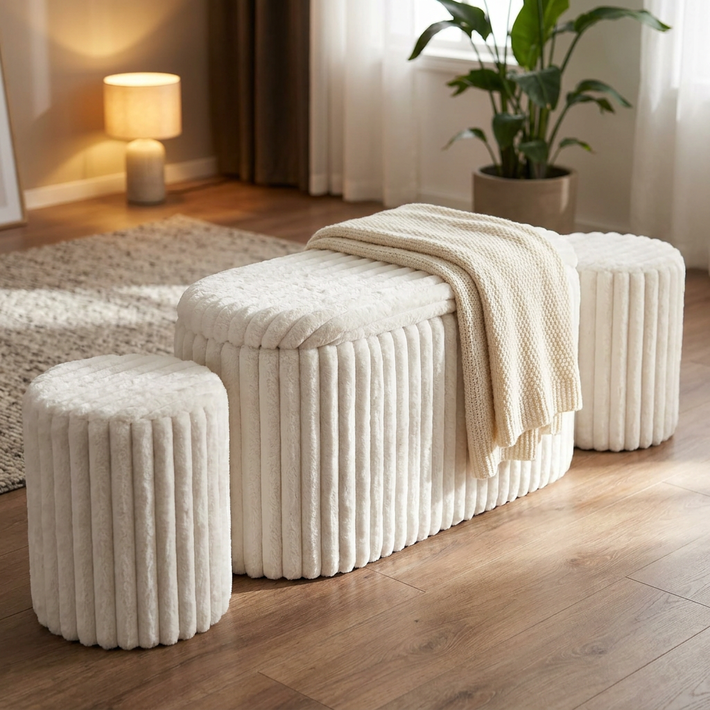 Banqueta & Puffs Storage Velvet Crema (Set x3)
